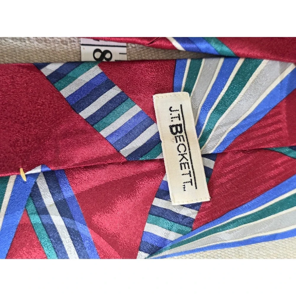 JT Beckett Mens Silk Tie Red Blue Green Geometric Abstract Striped Vintage 59